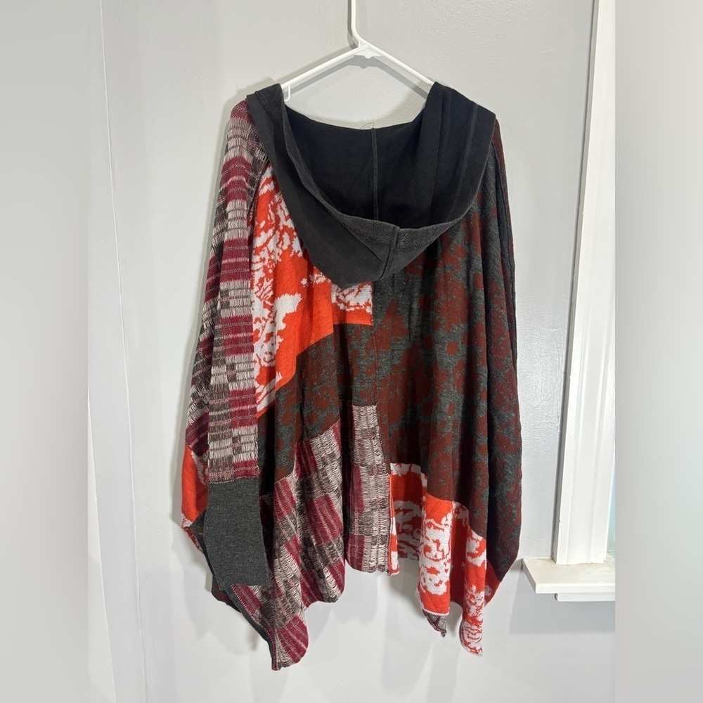 Free People Autumn Patchwork Poncho Cardigan Hood Dolman Sleeve Gray Orange M/L - Picture 5 of 11